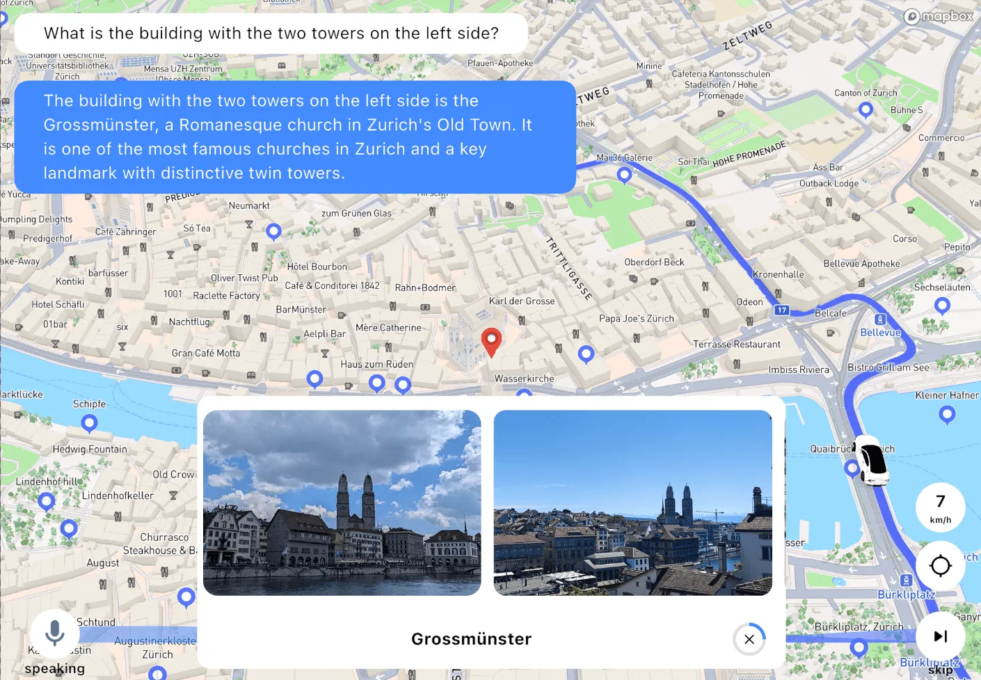 RideGuide conversational interface showing a map and landmark explanation